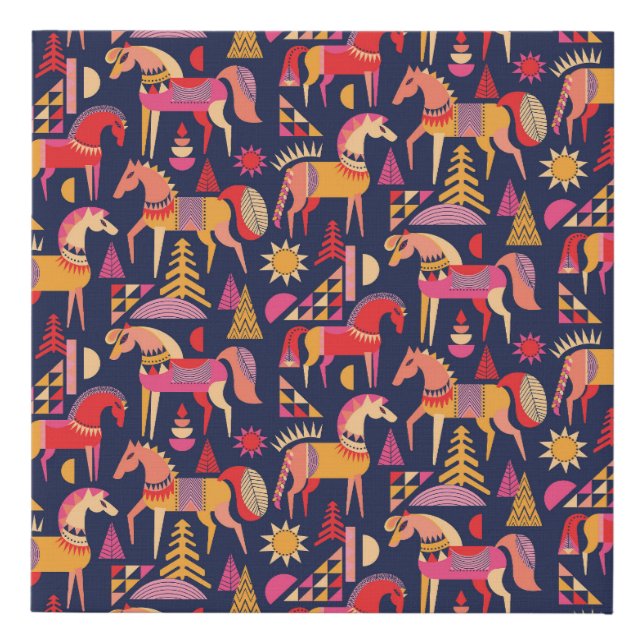 Scandinavian Horses: Decorative Seamless Design Faux Canvas Print (Front)