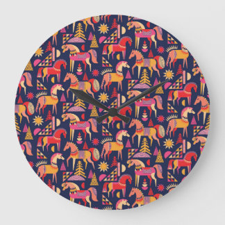 Scandinavian Horses: Decorative Seamless Design Large Clock