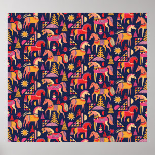 Scandinavian Horses: Decorative Seamless Design Poster