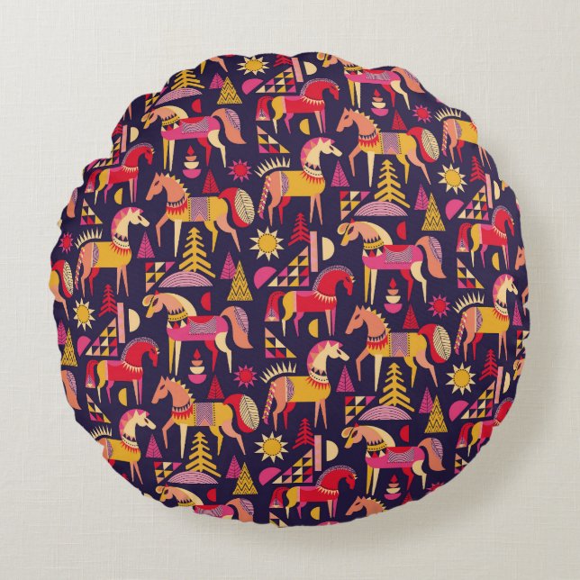 Scandinavian Horses: Decorative Seamless Design Round Pillow (Front)