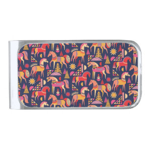Scandinavian Horses: Decorative Seamless Design Silver Finish Money Clip