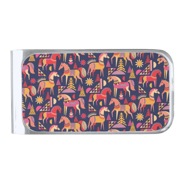 Scandinavian Horses: Decorative Seamless Design Silver Finish Money Clip (Front)