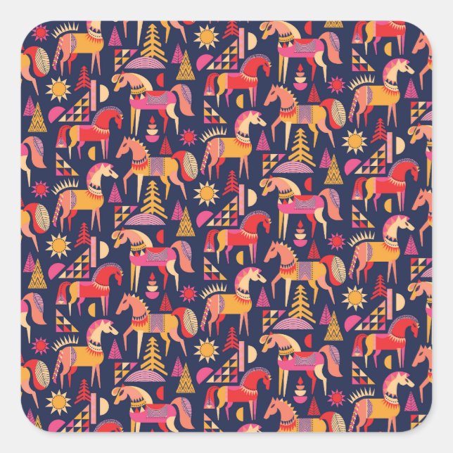 Scandinavian Horses: Decorative Seamless Design Square Sticker (Front)