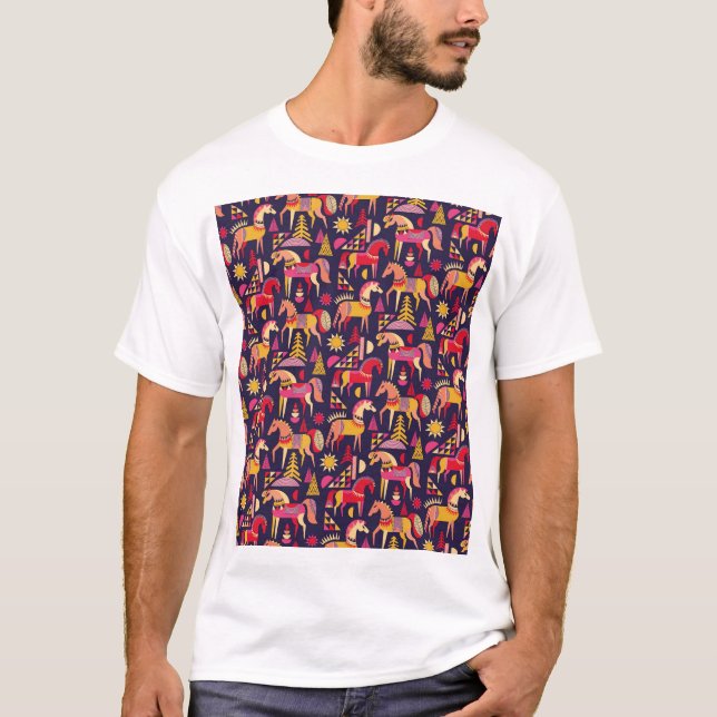 Scandinavian Horses: Decorative Seamless Design T-Shirt (Front)