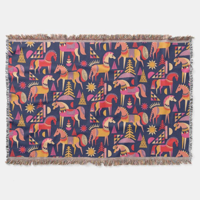 Scandinavian Horses: Decorative Seamless Design Throw Blanket (Front)