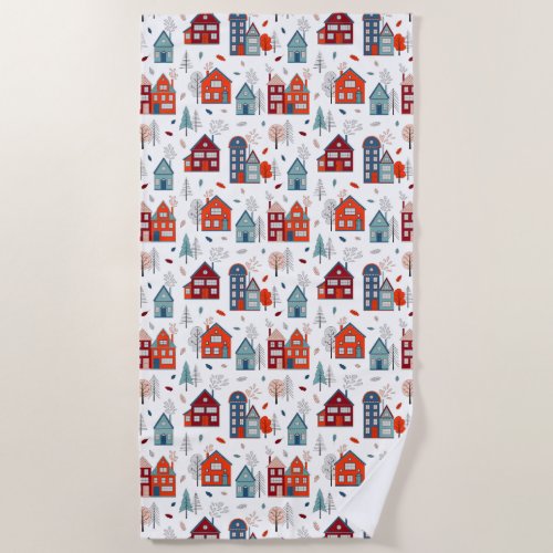 Scandinavian House Folk Art Pattern Beach Towel