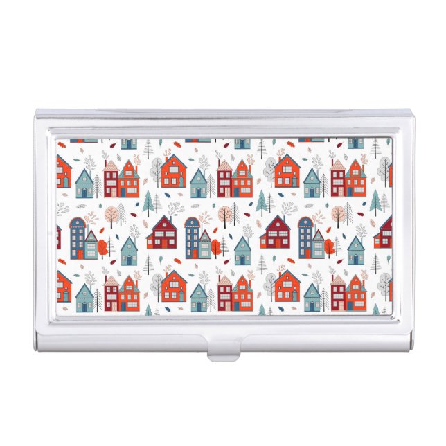 Scandinavian House Folk Art Pattern Business Card Case (Front)