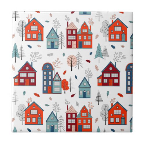 Scandinavian House Folk Art Pattern Ceramic Tile