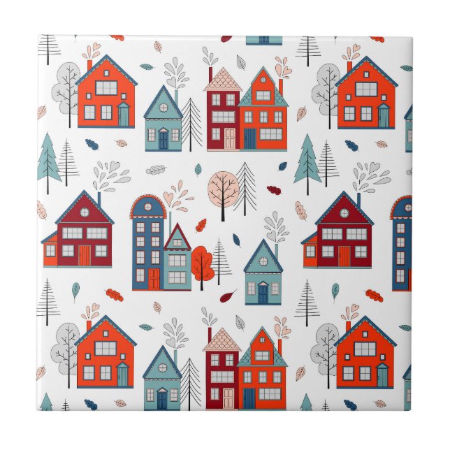 Scandinavian House Folk Art Pattern Ceramic Tile (Front)