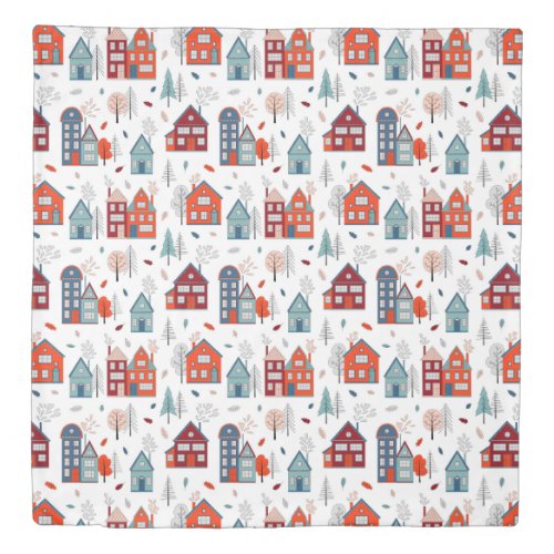 Scandinavian House Folk Art Pattern Duvet Cover