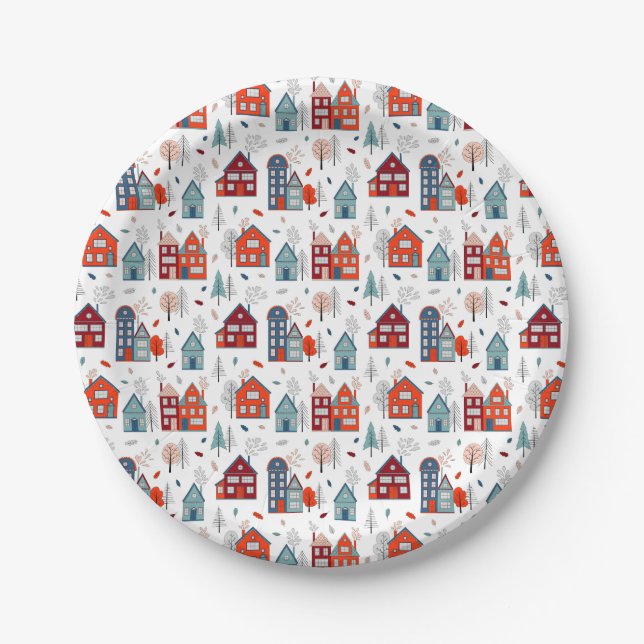 Scandinavian House Folk Art Pattern Paper Plates (Front)
