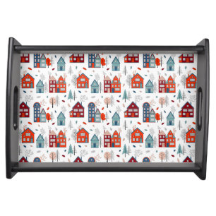 Scandinavian House Folk Art Pattern Serving Tray
