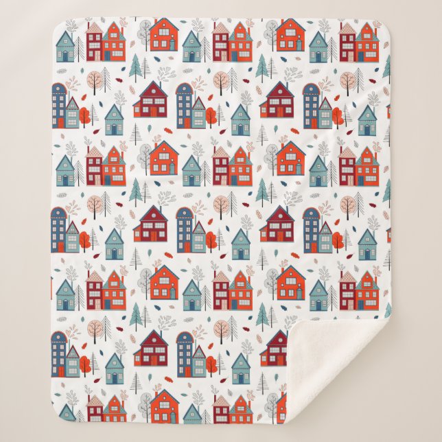 Scandinavian House Folk Art Pattern Sherpa Blanket (Front)