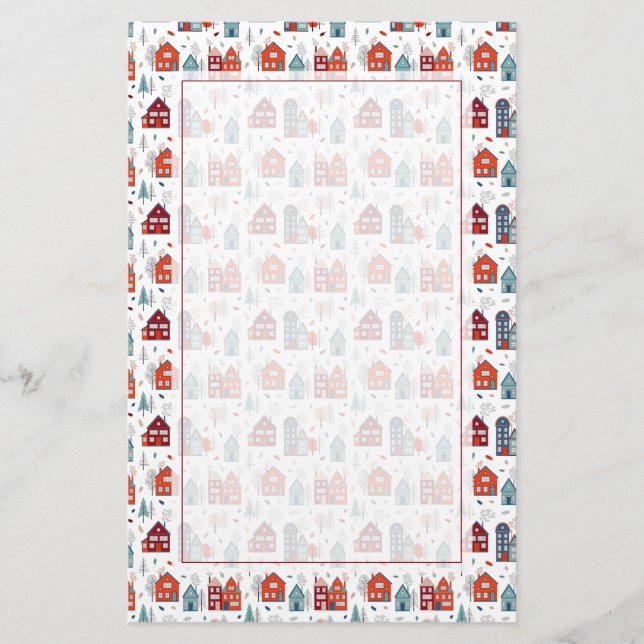 Scandinavian House Folk Art Pattern Stationery (Front)