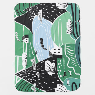 Scandinavian houses, trees, mountains illustration baby blanket