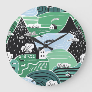 Scandinavian houses, trees, mountains illustration large clock