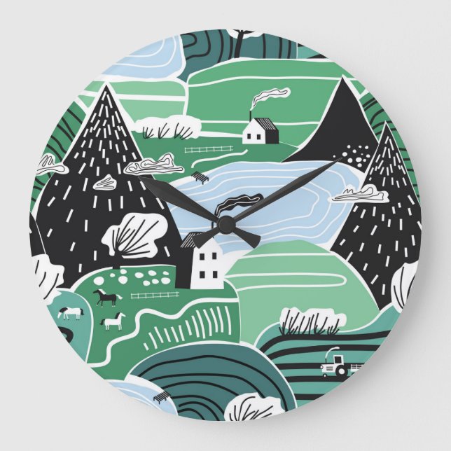 Scandinavian houses, trees, mountains illustration large clock (Front)
