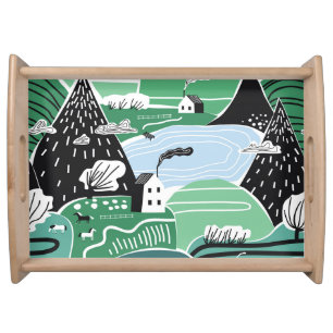 Scandinavian houses, trees, mountains illustration serving tray