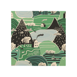 Scandinavian houses, trees, mountains illustration wood wall art
