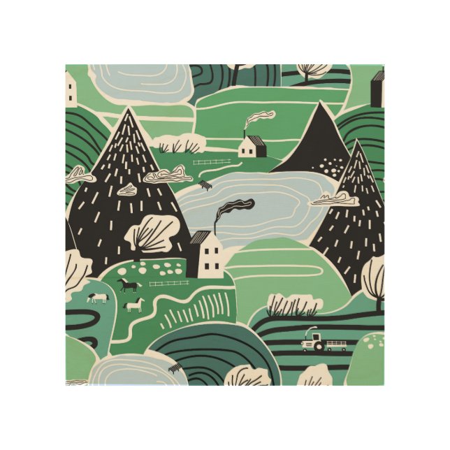 Scandinavian houses, trees, mountains illustration wood wall art (Front)