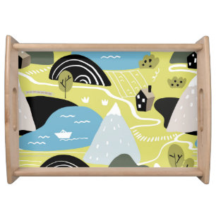 Scandinavian houses, trees, mountains pattern. serving tray