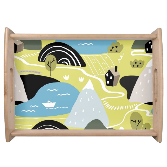 Scandinavian houses, trees, mountains pattern. serving tray (Front)