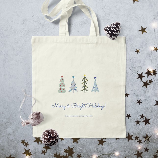 Scandinavian Hygge Christmas trees Tote Bag (Elegant Scandinavinan custom Christmas tote bag with whimsical Christmas trees with your text)