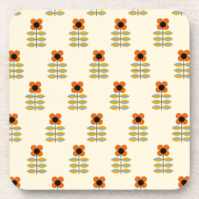 Scandinavian Inspired Orange Floral Pattern Beverage Coaster (Front)