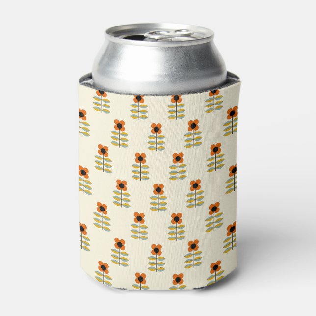 Scandinavian Inspired Orange Floral Pattern Can Cooler (Can Front)