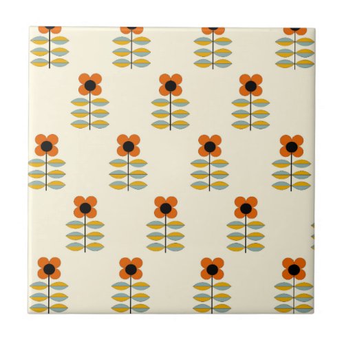 Scandinavian Inspired Orange Floral Pattern Ceramic Tile