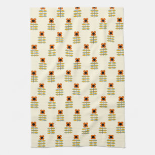 Scandinavian Inspired Orange Floral Pattern Kitchen Towel