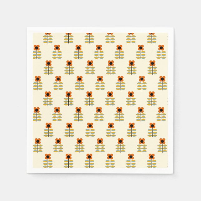 Scandinavian Inspired Orange Floral Pattern Napkins (Front)