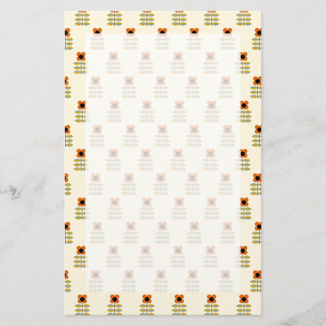 Scandinavian Inspired Orange Floral Pattern Stationery (Front)