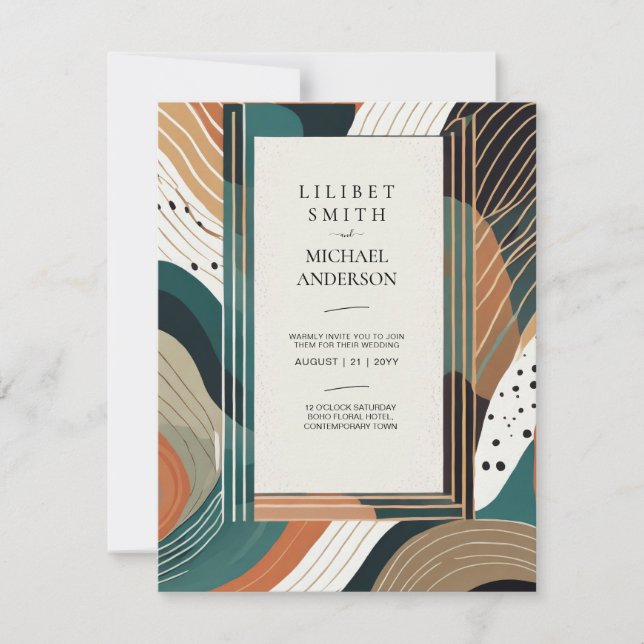 Scandinavian Japandi Wedding Abstract Green Brown Invitation (Front)