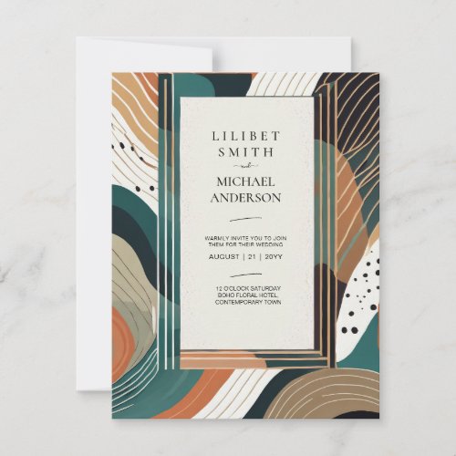 Scandinavian Japandi Wedding Abstract Green Brown Invitation