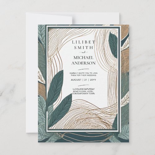Scandinavian Japandi Wedding Abstract Green Teal Invitation