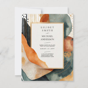 Scandinavian Japandi Wedding Abstract Green Teal Invitation