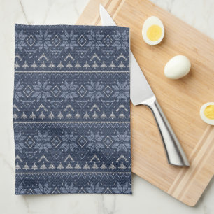 Scandinavian knitted white and blue ornament kitchen towel