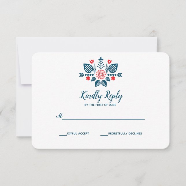 Scandinavian  Love in red and blue |  Wedding RSVP (Front)