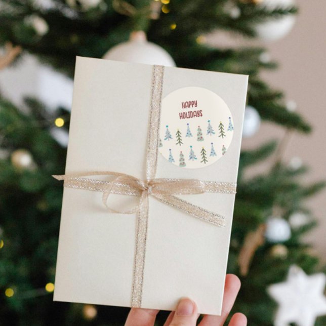 Scandinavian Merry Christmas trees Classic Round Sticker (Custom hand drawn Scandinavian trees Christmas sticker with your greeting)