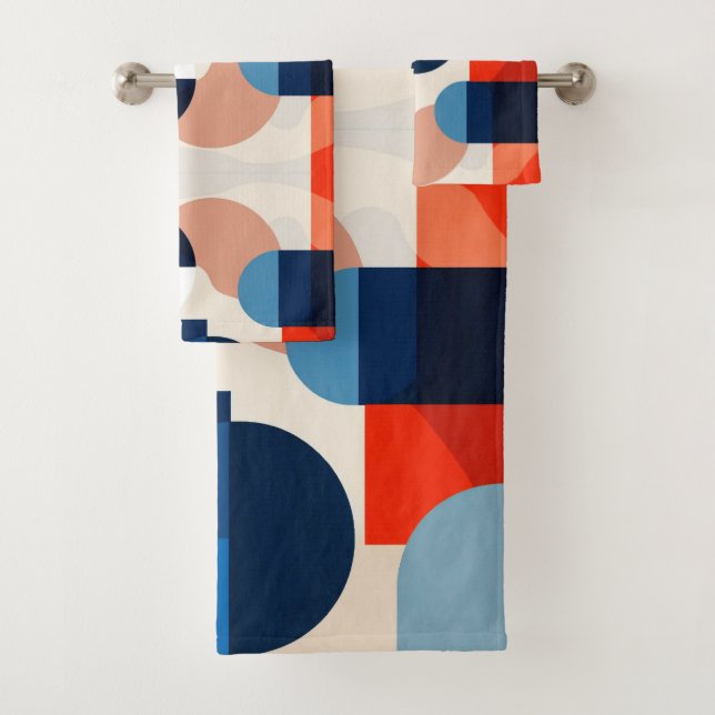 Scandinavian Mid Century Geometric Abstract Art Bath Towel Set (Insitu)
