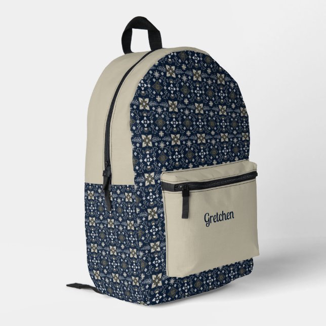 Scandinavian Navy and Tan Mandala Pattern Printed Backpack (Back Corner Left)