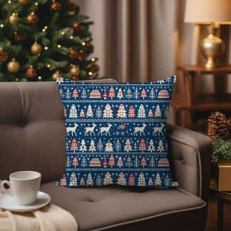 Scandinavian Navy Blue Christmas Reindeer Nordic Throw Pillow