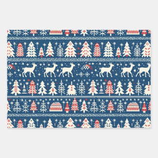 Scandinavian Navy Blue Christmas Reindeer Nordic Wrapping Paper Sheets