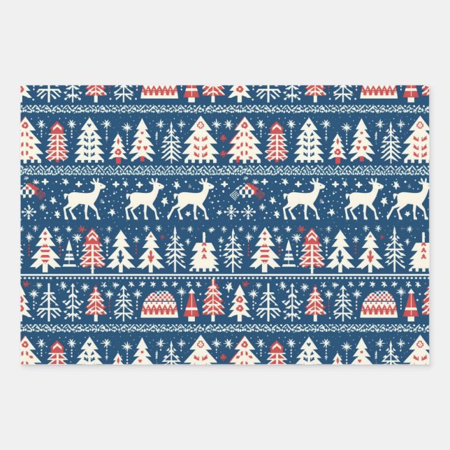 Scandinavian Navy Blue Christmas Reindeer Nordic Wrapping Paper Sheets (Front)
