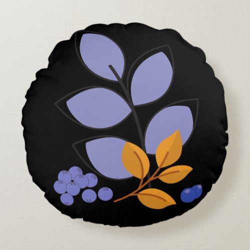 Scandinavian Nordic Blueberries and autumn leaves Round Pillow