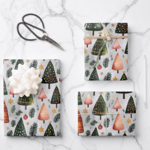 Scandinavian Nordic Christmas Pine Tree Pattern Wrapping Paper Sheets