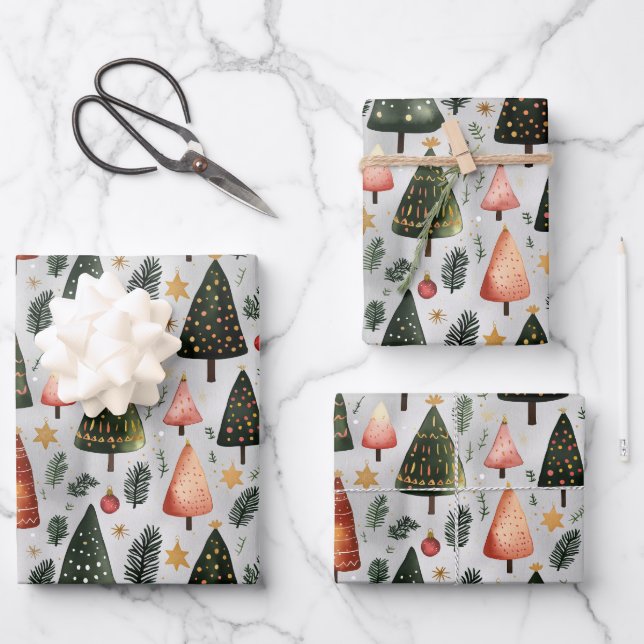 Scandinavian Nordic Christmas Pine Tree Pattern  Wrapping Paper Sheets (Front)