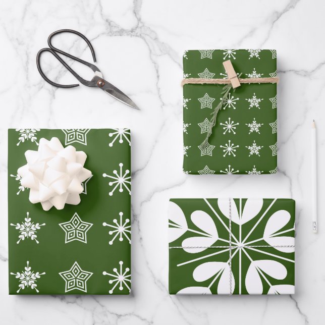 Scandinavian Nordic Christmas stars white green Wrapping Paper Sheets (Front)
