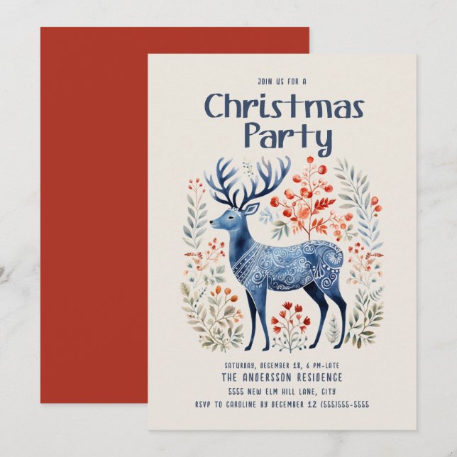 Scandinavian Nordic Deer Christmas Party Invitation (Front/Back)